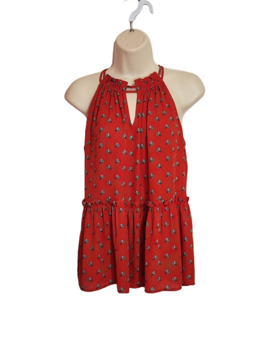 Loft Red White Floral Shirred Keyhole Halter Peplum Top Medium